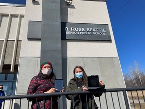 Mary Jane Archibald and Jamie Davey, a teacher of R. Ross Beattie  Sr. Public School in Timmins, are sharing the app with students to help promote the Moose Cree language.TP.jpg