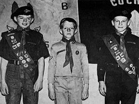 HONOURED BY CHIEF SCOUT-  Scouts Robert Hutchinson (right) and Patrick O'Connor and Bernard O'Connor have been honoured by Governor-General Roland Mitchener for their part in the rescue of Barry Toal, who was buried in sand last summer. The lads had been playing in the construction site of the new high school when a high bank gave way. The two O'Connor brothers will be presented with a Bronze Cross in a special ceremony. Robert Hutchinson received a Certificate for Meritorious Conduct.TP.jpg