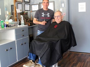 Bernard 'Bun' Lozon sits in the barber chair he bought brand new when he started his career. He retired on April 6, 68 years to the day he started working as a barber on April 6, 1953, with his dad Clarence Lozon. Bun's son, Jay Lozon, will now use his father's chair as he continues the family tradition continuing to operate Bun's Barber Shop in downtown Wallaceburg. Ellwood Shreve/Postmedia Network