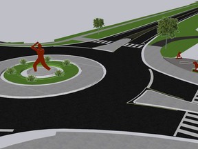 An artist's rendering of a new roundabout on Fairview Avenue at Bill Martyn Parkway shows a sculpture of St. Thomas baseball great Jack "Glad" Graney batting against a young star of the future, while Glad's dog, Larry, looks on.
(Submitted image)