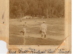 A crowd looks on as George Beatty rounds the bases after hitting a home run during a game held at Rideout Park on June 5, 1915. This Rideout Park baseball field was dug up eight years later to make way for the Kenora paper mill.
