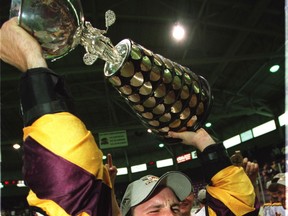 This photo from 2005 shows the celebration following the Brampton Excelsiors defeat of the Victoria Shamrocks in a hard-fought seven-game series to win the Mann Cup.