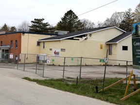 The former Legion Hall at 1 Legion Road is the site of a planned five-story condo building in Meaford. A sign at the site, pictured here on April 26, 2021, advertises the modern condo suites available at Georgian Bay Terrace. Greg Cowan/The Sun Times