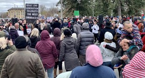 Stratford police charged a total of 14 people in connection with a rally in Stratford organized by No More Lockdowns Canada April 25 that drew in more than 700 participants. (Cory Smith/Beacon Herald file photo)