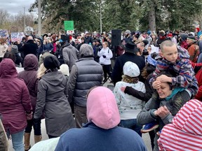 Stratford police charged a total of 14 people in connection with a rally in Stratford organized by No More Lockdowns Canada April 25 that drew in more than 700 participants. (Cory Smith/Beacon Herald file photo)