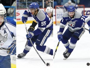 Sudbury Wolves No. 1 draft picks, from left: John McFarland (2008), Quinton Byfield (2018) and David Levin (2015).