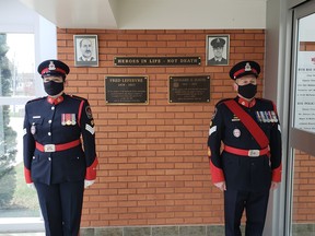 North Bay Police Service Staff Sgt. Jody deHaas, left, and Staff Sgt. Mike Hunter lead a memorial ceremony, Sunday morning, in honour of fallen officers. Supplied Photo