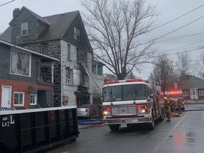 Crews respond to a fire at a four-unit building on Melvin Avenue on Monday afternoon.