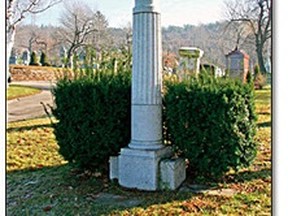 •	IMG_7171 monument_270 – from Mount Royal Cemetery website –Inscription: David Thompson 1770-1857 – To the memory of the greatest of Canadian geographers, who for 34 years explored & mapped the main travel routes between St. Lawrence & the Pacific. Note: brass sextant on top of the sculpted Grecian column was “removed by cemetery staff for safe keeping”. Sometime later, a tombstone was installed next to column, commemorating Charlotte, 1785-1857 – “Beloved wife of David Thompson – Woman of the Paddle Songs”