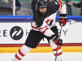 Chase Stillman in action with Team Canada at the 2021 IIHF Men's Under-18 World Championship.