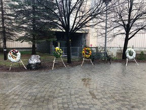 Wreaths were placed next to the Memorial Stone in Espanola on the Day of Mourning, April 28.