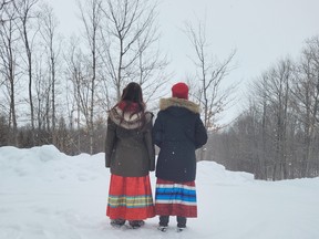 Nina Toulouse and her eldest daughter before a MMIW solidarity walk organized by the Mnidoo Mnising MMIW committee. The walk took place earlier this year on Valentines Day.