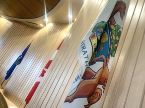 The flags of The Confederacy of Treaty Six First Nations and of the Mtis Nation of Alberta will soon be on display inside council chambers. They are also proposed to be included in the future renovation plans for the cenotaph located outside of County Hall. Lindsay Morey/News Staff