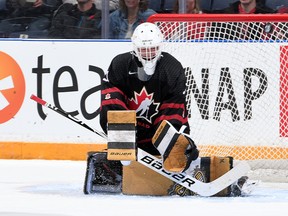 Sarnia Sting goalie Ben Gaudreau of Corbeil led Canada to a 5-3 win over Russia in the gold-medal game at the under-18 men's world championship Thursday in Frisco, Texas. He's shown playing for Canada Black at the 2019 World Under-17 Hockey Challenge. Matthew Murnaghan/Hockey Canada Images