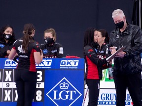 Team Canada skip Kerri Einarson signs the game sheet Saturday after loosing to Sweden 8-3 in the qualification game of the World Women's World Curling Championship in Calgary. Curling Canada/ Michael Burns Photo