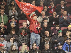 A Soo Greyhounds fan waves a flag at the start of a game versus Kitchener Rangers at Essar Centre in Sault Ste. Marie, Ont., on Sunday, March 22, 2015. (BRIAN KELLY/THE SAULT STAR/QMI AGENCY)