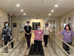 Goderich nurses at AMGH (L-R): Donna Phillips-Grande RN, Clinical Manager ICU/med/surg and OB; Angie Selkirk RPN, med/surg and Mental Health; Denise Black-McNee RPN, Mental Health; Lynn Higgs RN, Clinical Manager Inpatient and Community Mental Health Services; Samantha Marsh RN, CNE/VP Clinical Care Services. Submitted