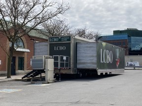 The LCBO store on Barrack Street in Kingston is closed for renovations until mid-July. In the meantime, a temporary store, which holds 20 per cent of the products, has been set up in its parking lot.