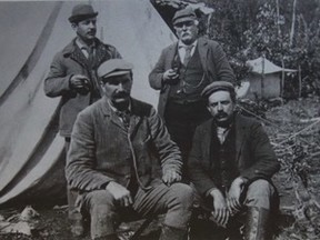 •	IMG_0506 – Scrip Commissioners (Seated l-r) J.A. Walker and Jean Jean-Léon Côté and Scrip Commission Secretaries (Standing l-r) J.F. Prudhomme and Charles Mair. Photo from David Leonard’s book Delayed Frontier, The Peace Country to 1909, and Saskatchewan Archives Board