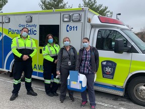 Paramedic-Family Health Homebound Vaccine Team, left to right: Kyle Stewart, Melissa Kaufman, Grey County Paramedic Services, Nurses Taylor Huys, Amanda Wright, Owen Sound Family Health Team. SUBMITTED