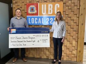 UBC Local 2222 will cover the annual rent for the new second palliative suite at Huron Shores Hospice at Tiveron Manor. Through the magic of technology, Ryan Plante, UBC Local 2222 Business Manager, virtually presented the cheque to Carol Rencheck, co-chair of the hospice board of directors.