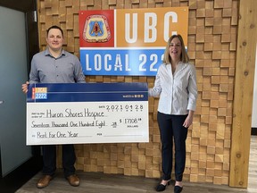 UBC Local 2222 will be covering the base cost of the rent for the 2nd suite at Huron Shores Hospice for one year. This very generous donation of $17,108 is in addition to the $20,000 that they previously donated in labour and materials costs associated with the renovation of the 2nd suite. Through the magic of technology, Ryan Plante, UBC Local 2222 Business Manager, presented the cheque to Carol Rencheck, Board of Directors Co-Chair. The hospice was happy to be able to virtually accept this donation. SUBMITTED