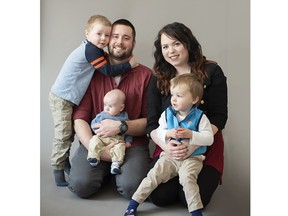 Throughout her cancer battle, Paige Atherton of Beachburg has had the full support of her husband Alec and everything she is fighting for is for her sons (from left) Maddox, now 5, Lachlan, now 1 and Hudson, now 3. This family photo was taken when the boys were a bit younger, in 2020. She is hoping the Ontario government will reverse the decision to postpone non-emergency surgeries, like the one she requires for her abdominal cancer.