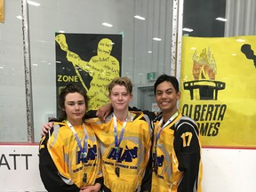 Danny Fehr, Taryn Hutchings and Caden Gulka, pictured as teammates during the Alberta Summer Games, were all selected during the recent Rocky Mountain Lacrosse League's Junior Draft. Photo Supplied