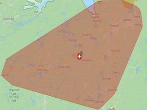 A map of the affected area, shown in red, where Hydro One says a planned power outage will take place Saturday between 6:30 a.m. and 12:30 p.m. Supplied Photo