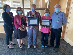 North Bay Regional Health Centre inpatient surgery coordinator Laura Hines, left, executive vice-president and chief nursing executive Tiziana Silveri, registered nurses Paula Doncaster and Donna Dumond, and inpatient surgery manager Bill McCaskill. Supplied Photo