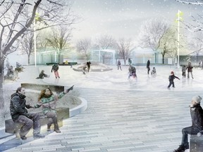 This is what the Downtown Plaza will look like during the winter months. The rink will be replaced with a water feature during the summer months.