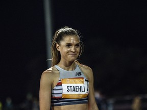 Lucknow's Julie-Anne Staehli ran the women's 5000-metre race at the USATF Golden Games and World Athletics Continental Tour event May 9, 2021 in Walnut, Calif. Staehli won the race with a personal best 15 minutes, 2.34 seconds, putting her in the driver's seat for a berth at the Tokyo Olympics.  Justin Britton photo