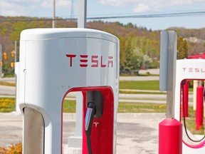 Tesla charging stations are pictured, Tuesday, at the Canadian Tire in North Bay. Several Almaguin Highlands communities are interested in a proposal by Lakeland Holding to create a network of EV charging stations along the Highway 11 S corridor. Michael Lee/The Nugget