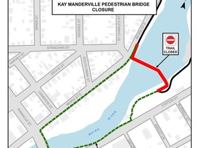 The Kay Manderville bridge (in red) is to be closed from May 25 to mid-June while repairs are completed.