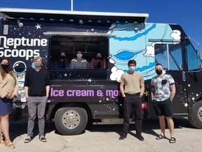 Launch Pad Youth Activity and Technology Centre staff Ashley Hoy, Chris Hoekstra, along with students Abbie Ghent, Karina Hahn and Zanne Stassen, and staff members Justin Graham and Spencer Wright at the social enterprise Neptune Scoops, a ice cream truck that will be operated by eight youths from neighbouring communities. The ice cream truck will be located at Launch Pad. Opening date is May 23.