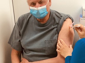 Haldimand-Norfolk MPP Toby Barrett reported Wednesday that he and his wife Cari have tested positive for COVID-19. This is a photo of Barrett receiving his first shot of the COVID-19 vaccine in April.