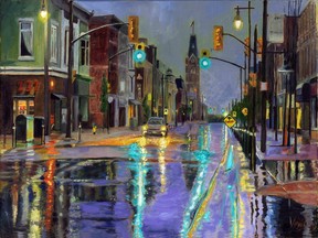 Downtown, early morning rain, oil on canvas 12_x 16 by Jesus Estevez.