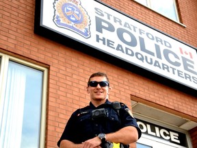 Stratford police Const. Darren Fischer wears one three new body cameras purchased by the Stratford Police Service as part of a pilot program launching soon that will test the use of the cameras to collect evidence and add more transparency to policing. (Galen Simmons/The Beacon Herald)