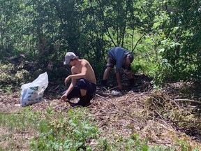 More than 15 members of the city's homeless community pitched in Monday to clean up two areas in the core of the city. They gathered enough garbage to fill the back of a pickup and trailer, and there still wasn't enough room. The clean-up was organized by Hope's Kitchen. 
Jennifer Hamilton-McCharles, The Nugget