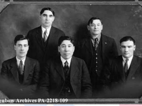 •	2218-109 – First Métis Association of Alberta (MAA). Back Row: (l-r) Peter Tomkins, Jr. (vice-president), Felix Callihoo [Calliou] (vice-president); Front Row: (l-r) Malcolm Norris (vice-president), Joseph Dion (president), James Brady (secretary-treasurer). Photo from Canadian Encyclopedia – courtesy Glenbow Archives.