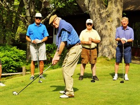 The five golfers here represent nearly 300 years combined membership at the Norfolk Golf and Country Club in Simcoe. Teeing off is the dean of them all – Wally Anderson, 90, of Simcoe – who was recently rewarded for his 80 years at the facility with a life-time membership. From left, in back, are fellow veteran club members Dr. Jeff Greenfield, Dr. Keith Sutherland, Don Johnson and Bill Easdown, all of Simcoe. – Monte Sonnenberg