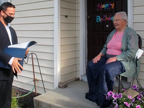 Wetaskiwin Mayor Tyler Gandam stopped by Helen Forsberg's home May 19 to congratulate her on her 100th birthday.