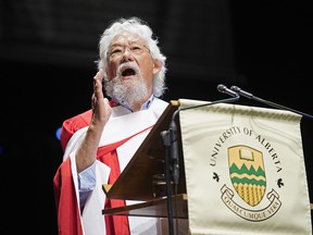 David Suzuki speaks to the graduating class after receiving an honorary degree from the University of Alberta on Thursday June 7, 2018 during the university spring convocation ceremonies at the Northern Alberta Jubilee Auditorium in Edmonton. Suzuki was recognized for his lifetime achievement in promoting science literacy and education, and received an honorary doctor of science degree. (PHOTO BY LARRY WONG/POSTMEDIA)