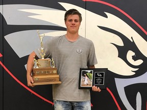 Jaxon Littlefair, collecting his Strathcona Christian Academy male athlete of the year award for 2019-2020, has been patiently waiting for his time to commence college play with Concordia. Photo Supplied