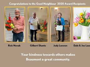 Beaumont FCSS recognized four Beaumont residents for the 2020 Good Neighbour awards.
(Supplied by Beaumont FCSS)