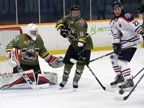 Powassan Voodoos goalie Joe Vrbetic in action. Vrbetic is one of three members of the North Bay Battalion 
among 48 Ontario Hockey League skaters and netminders ranked by the National Hockey League’s central scouting department for the 2021 NHL Draft.
Supplied Photo