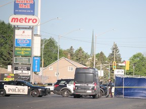 Sault Ste. Marie Police Service investigates a pedestrian fatality on Second Line West on Thursday, May 27, 2021 in Sault Ste. Marie, Ont. (BRIAN KELLY/THE SAULT STAR/POSTMEDIA NETWORK)