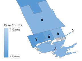 This graphic by Hastings Prince Edward Public Health shows active cases of COVID-19 by district as of Friday, May 29. The only area without a case was the Tyendinaga Mohawk Territory.