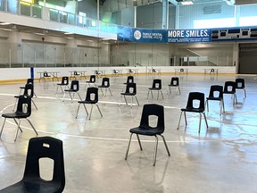 Chairs await clients in the Quinte Sports and Wellness Centre. An arena in the centre will open May 31 as a mass-vaccination clinic.