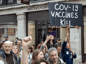 Anti-vaccine protestors in London, England. Roughly 10 per cent of Canadian adults polled said a flat out "no" to getting a COVID vaccination. PHOTO BY PHIL LEWIS/WENN